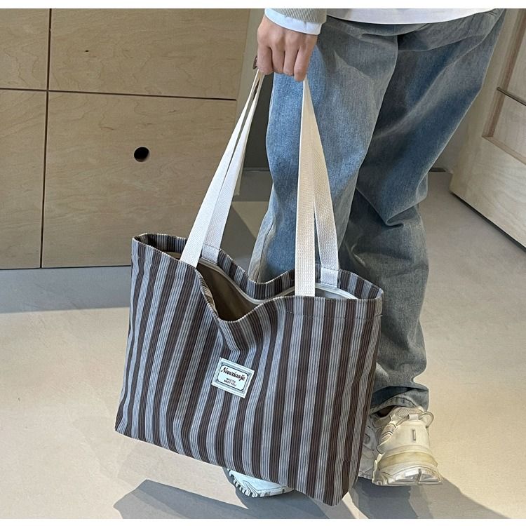 Large Capacity Corduroy Tote Bag for Women Fashion Commuter Shoulder Bag INS Style Student Book Bag Vertical Striped Durable Lightweight Casual Shopper