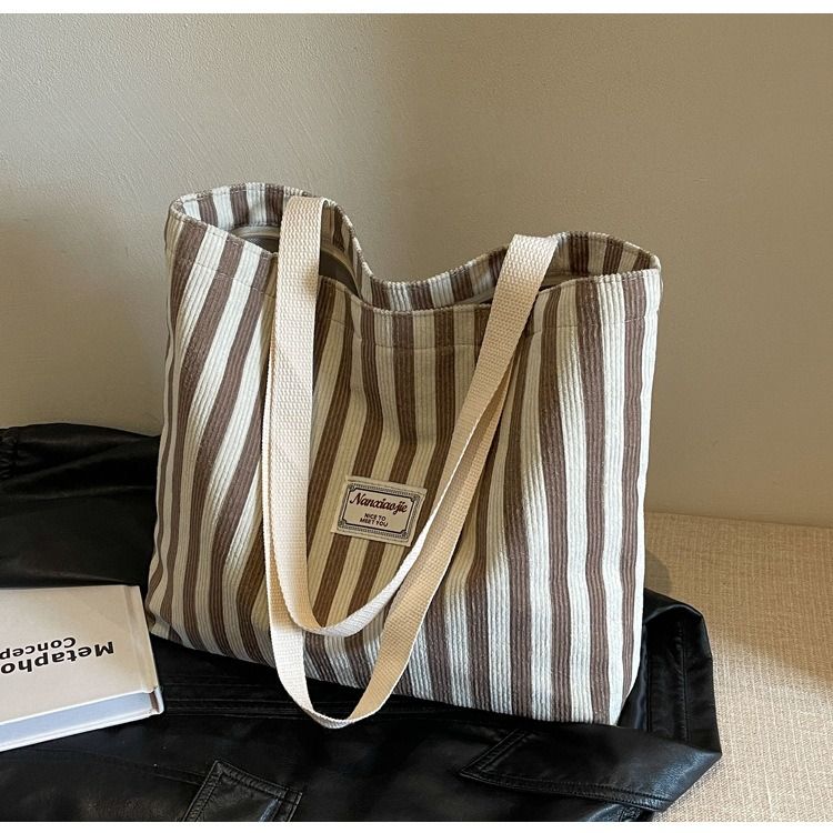 Large Capacity Corduroy Tote Bag for Women Fashion Commuter Shoulder Bag INS Style Student Book Bag Vertical Striped Durable Lightweight Casual Shopper