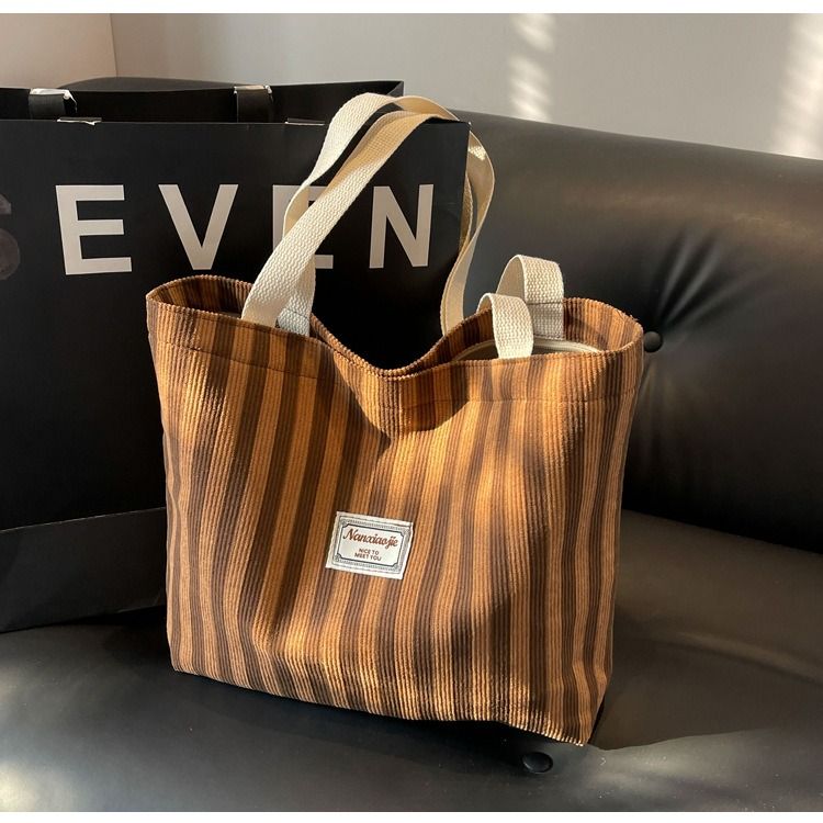 Large Capacity Corduroy Tote Bag for Women Fashion Commuter Shoulder Bag INS Style Student Book Bag Vertical Striped Durable Lightweight Casual Shopper