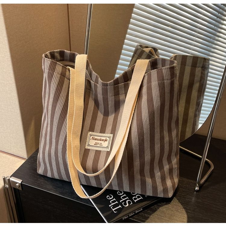 Large Capacity Corduroy Tote Bag for Women Fashion Commuter Shoulder Bag INS Style Student Book Bag Vertical Striped Durable Lightweight Casual Shopper