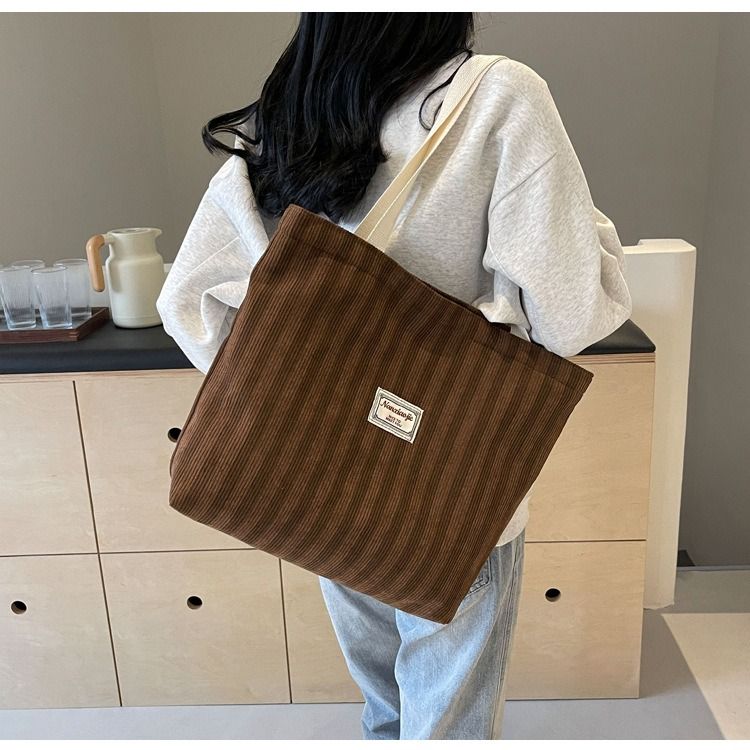 Large Capacity Corduroy Tote Bag for Women Fashion Commuter Shoulder Bag INS Style Student Book Bag Vertical Striped Durable Lightweight Casual Shopper