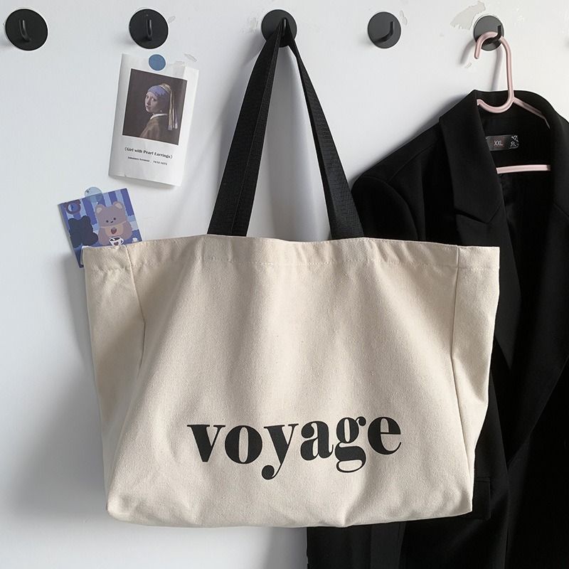 Large Canvas Weekend Travel Bag Minimal Letter Design Shoulder Tote Bag Unisex Handheld Shopper Durable Eco Canvas Carryall Bags Shoulder Bags Cloth Handbag