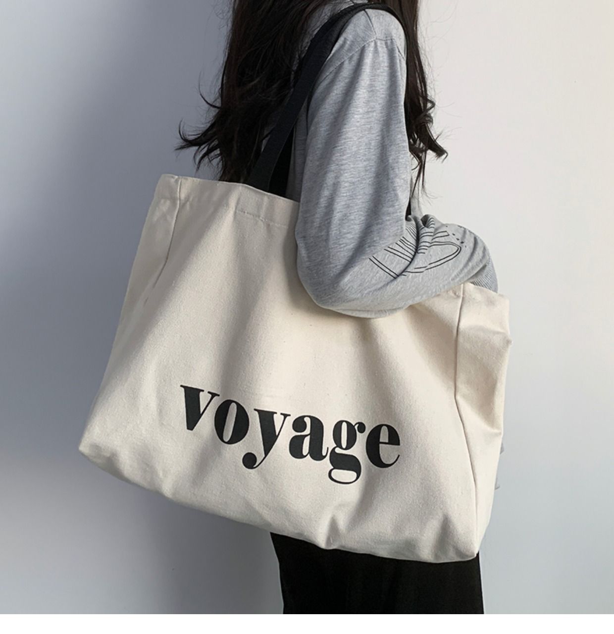 Large Canvas Weekend Travel Bag Minimal Letter Design Shoulder Tote Bag Unisex Handheld Shopper Durable Eco Canvas Carryall Bags Shoulder Bags Cloth Handbag