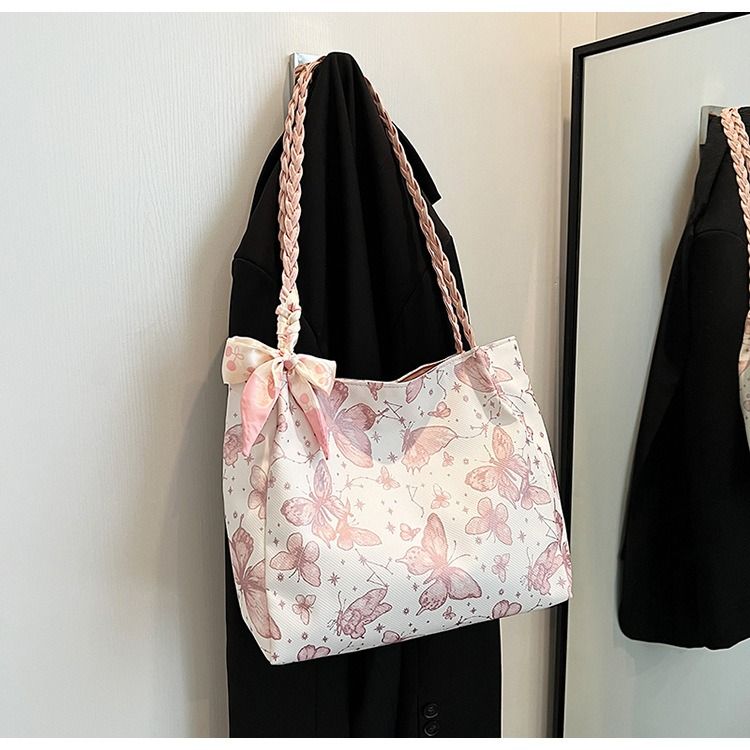 Textured Fresh Butterfly Print Underarm Bag for Women New Artsy Style Shoulder Tote with Bow Decoration & Woven Strap Large Capacity College Class Bag Casual Commuter Handbag PU Leather Bag for Ladies
