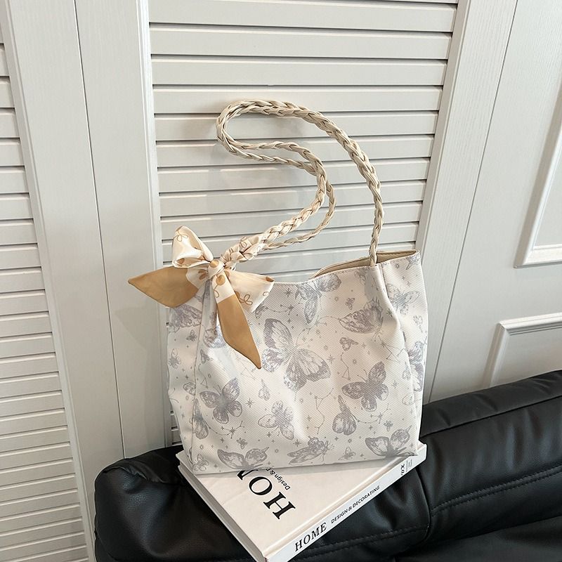 Textured Fresh Butterfly Print Underarm Bag for Women New Artsy Style Shoulder Tote with Bow Decoration & Woven Strap Large Capacity College Class Bag Casual Commuter Handbag PU Leather Bag for Ladies