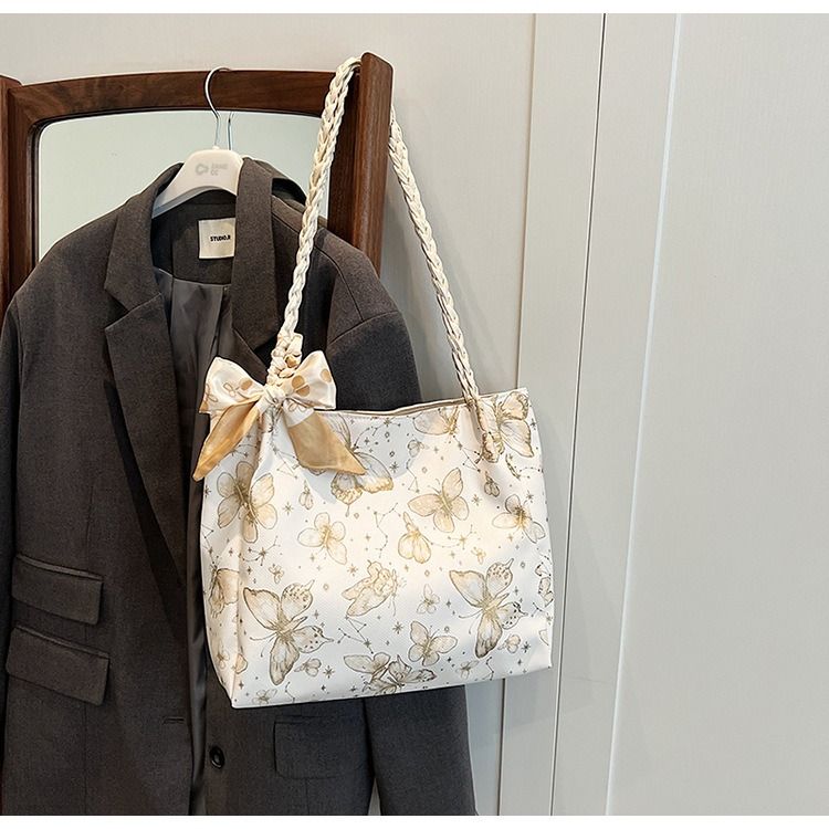 Textured Fresh Butterfly Print Underarm Bag for Women New Artsy Style Shoulder Tote with Bow Decoration & Woven Strap Large Capacity College Class Bag Casual Commuter Handbag PU Leather Bag for Ladies