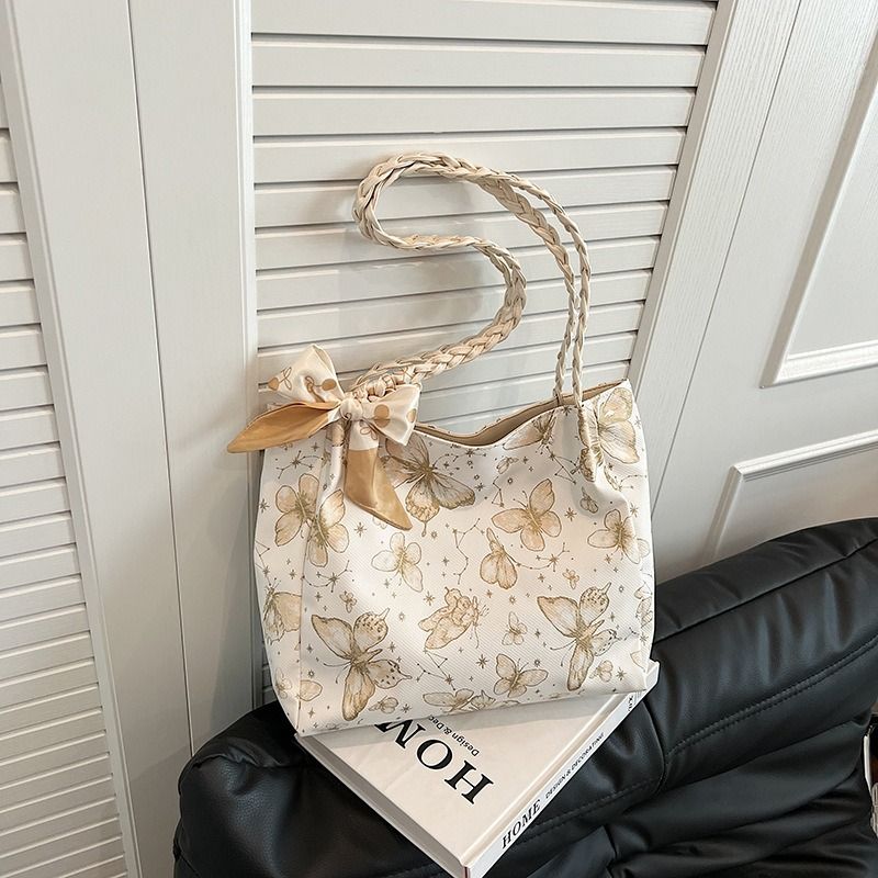 Textured Fresh Butterfly Print Underarm Bag for Women New Artsy Style Shoulder Tote with Bow Decoration & Woven Strap Large Capacity College Class Bag Casual Commuter Handbag PU Leather Bag for Ladies