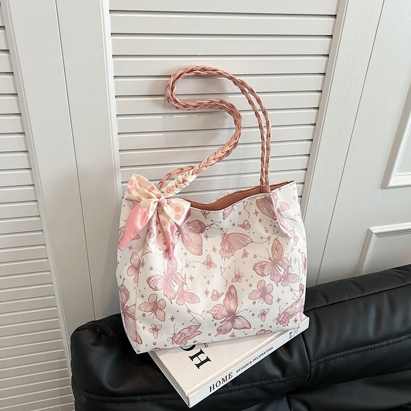 Textured Fresh Butterfly Print Underarm Bag for Women New Artsy Style Shoulder Tote with Bow Decoration & Woven Strap Large Capacity College Class Bag Casual Commuter Handbag PU Leather Bag for Ladies