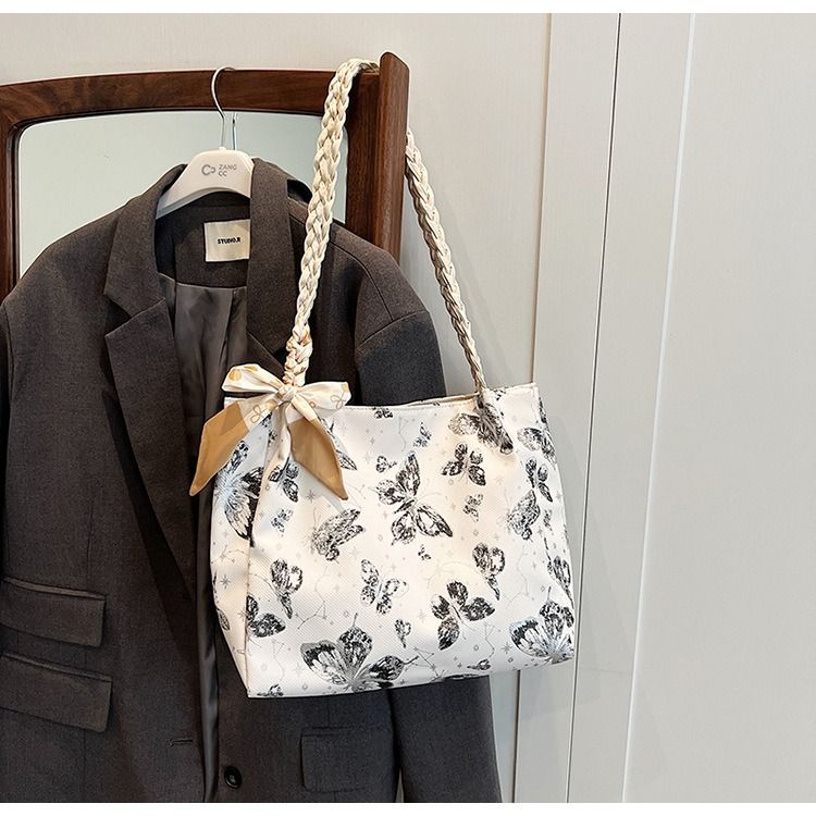Textured Fresh Butterfly Print Underarm Bag for Women New Artsy Style Shoulder Tote with Bow Decoration & Woven Strap Large Capacity College Class Bag Casual Commuter Handbag PU Leather Bag for Ladies