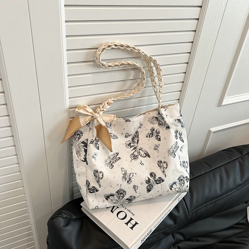 Textured Fresh Butterfly Print Underarm Bag for Women New Artsy Style Shoulder Tote with Bow Decoration & Woven Strap Large Capacity College Class Bag Casual Commuter Handbag PU Leather Bag for Ladies