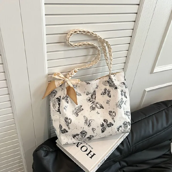 Textured Fresh Butterfly Print Underarm Bag for Women New Artsy Style Shoulder Tote with Bow Decoration & Woven Strap Large Capacity College Class Bag Casual Commuter Handbag PU Leather Bag for Ladies
