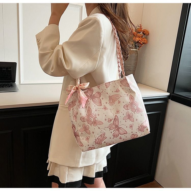 Textured Fresh Butterfly Print Underarm Bag for Women New Artsy Style Shoulder Tote with Bow Decoration & Woven Strap Large Capacity College Class Bag Casual Commuter Handbag PU Leather Bag for Ladies