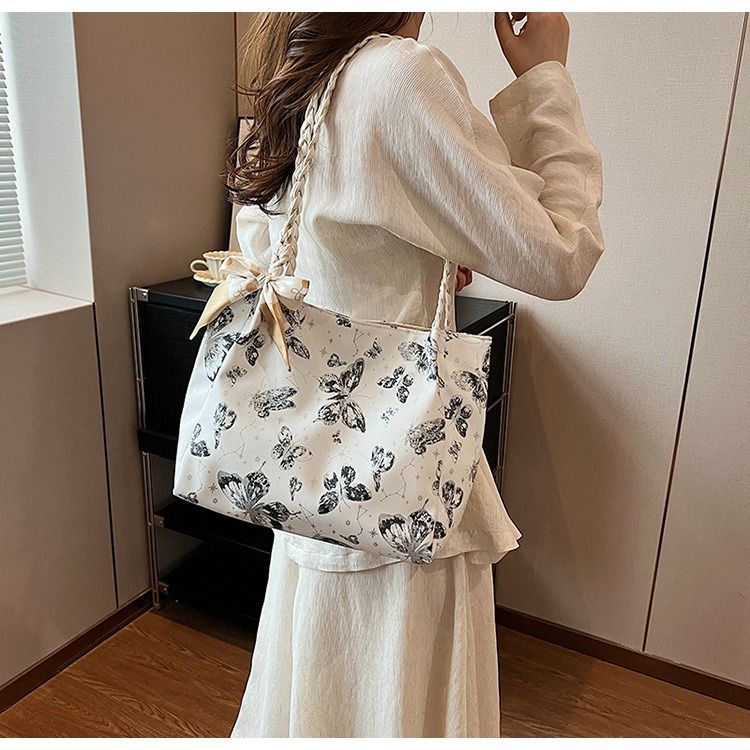 Textured Fresh Butterfly Print Underarm Bag for Women New Artsy Style Shoulder Tote with Bow Decoration & Woven Strap Large Capacity College Class Bag Casual Commuter Handbag PU Leather Bag for Ladies