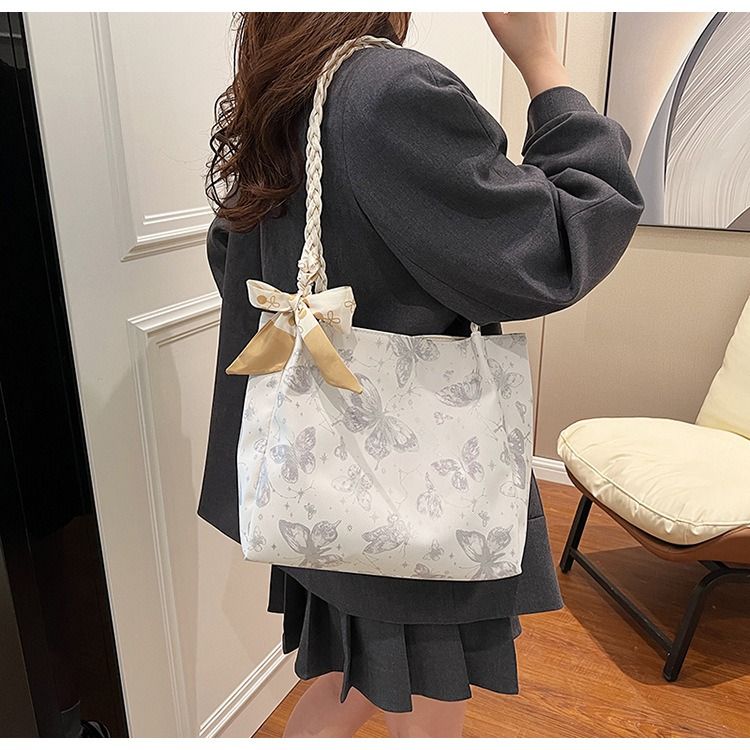 Textured Fresh Butterfly Print Underarm Bag for Women New Artsy Style Shoulder Tote with Bow Decoration & Woven Strap Large Capacity College Class Bag Casual Commuter Handbag PU Leather Bag for Ladies