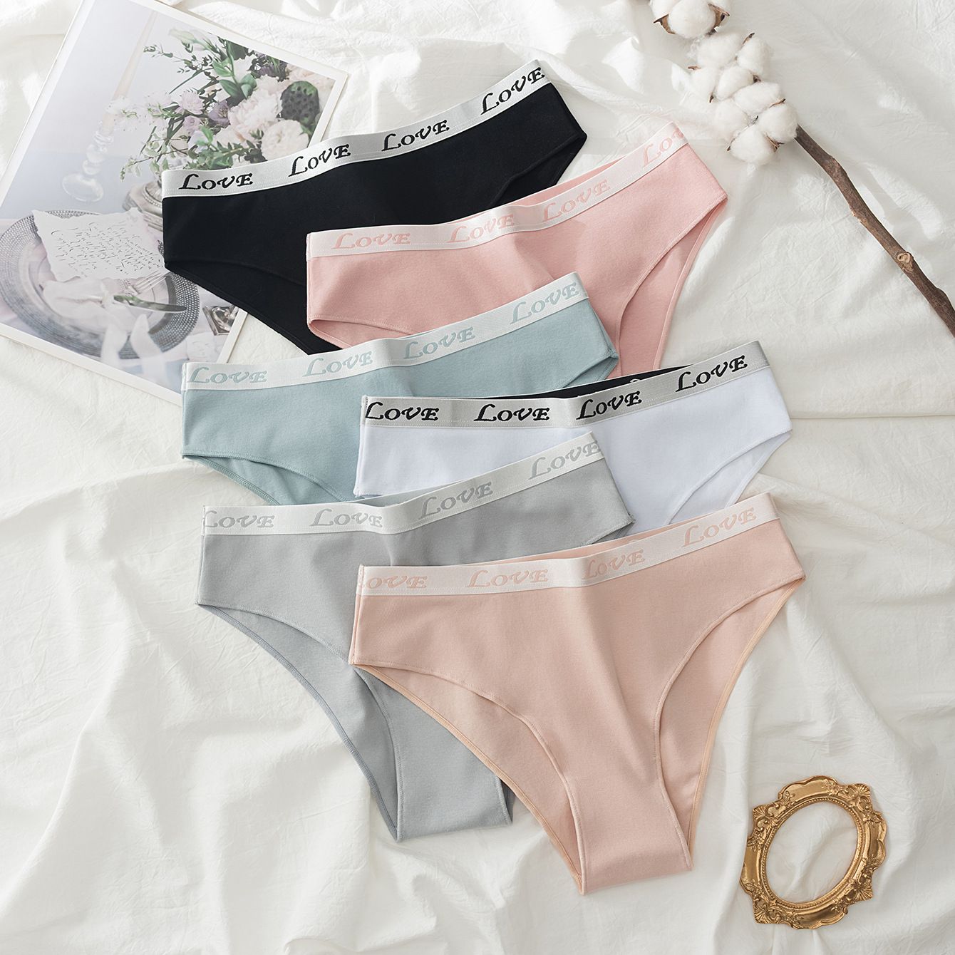 Women’s Cotton Briefs Mid Waist Letter Print Panties Solid Black White Ladies Underwear Soft Breathable Everyday Knickers  Women's Clothing Lingerie Panties