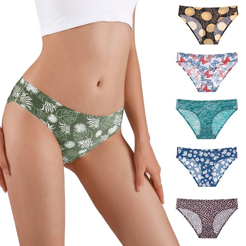 6Pcs New Ladies Ice Silk Briefs Low Waist Women's Panties Quick Dry Breathable Comfortable Hip Lifting Ladies Thongs Seamless Printing Stretch Panties Plus Size Printed Women’s Underwear