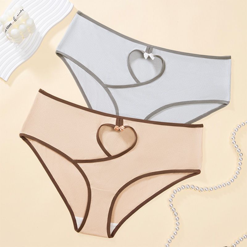 2-Pack Plus Size Low-Rise Ribbed Women’s Panties for 29-36inch Waist, Heart Cutout Color-Block Sexy Breathable Bow Underwear, Comfortable Hip-Lifting Briefs