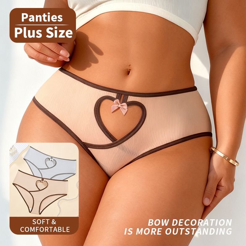 2-Pack Plus Size Low-Rise Ribbed Women’s Panties for 29-36inch Waist, Heart Cutout Color-Block Sexy Breathable Bow Underwear, Comfortable Hip-Lifting Briefs
