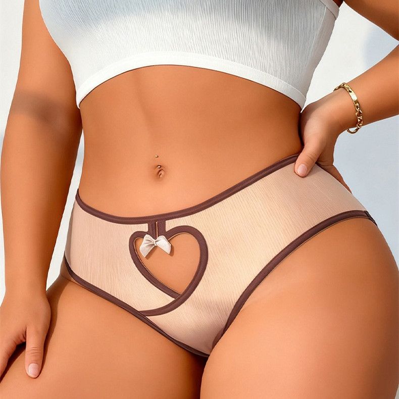 2-Pack Plus Size Low-Rise Ribbed Women’s Panties for 29-36inch Waist, Heart Cutout Color-Block Sexy Breathable Bow Underwear, Comfortable Hip-Lifting Briefs