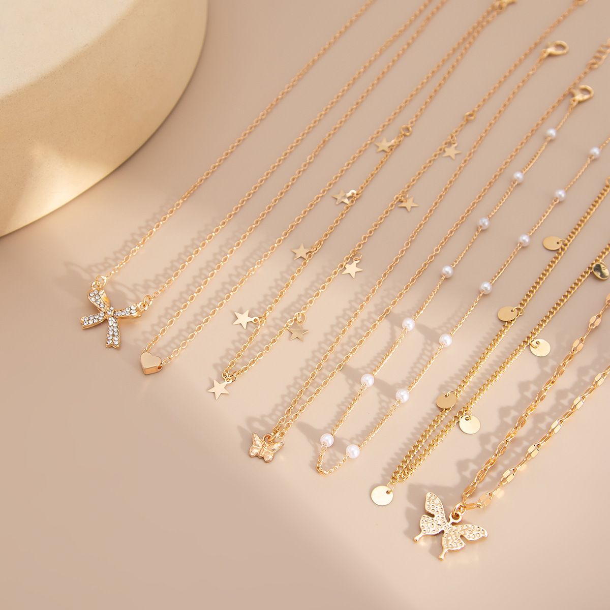 7-Layer Layered Necklace Set for Women Butterfly & Bow Alloy Pendants with Star, Heart and Faux Pearl Fashion Collarbone Jewelry
