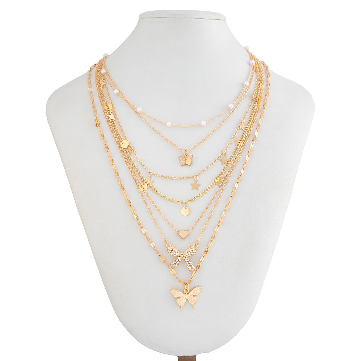 7-Layer Layered Necklace Set for Women Butterfly & Bow Alloy Pendants with Star, Heart and Faux Pearl Fashion Collarbone Jewelry