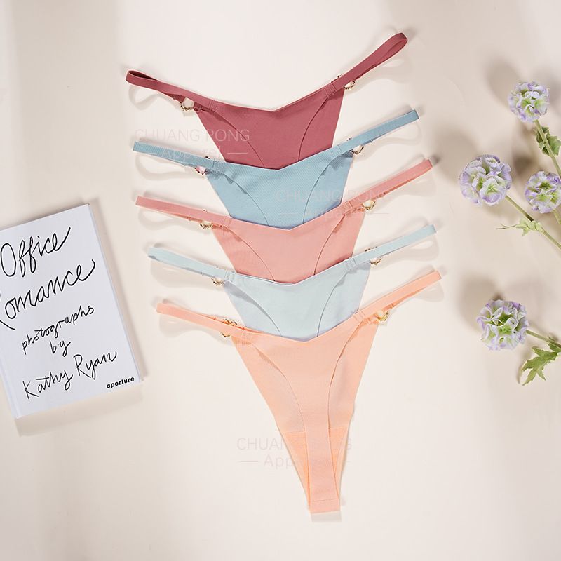 5Pcs Women’s Seamless Ice Silk Thong with Metal Ring Thin Strap T-Back Panties Sexy Breathable Quick-Dry Sports Underwear