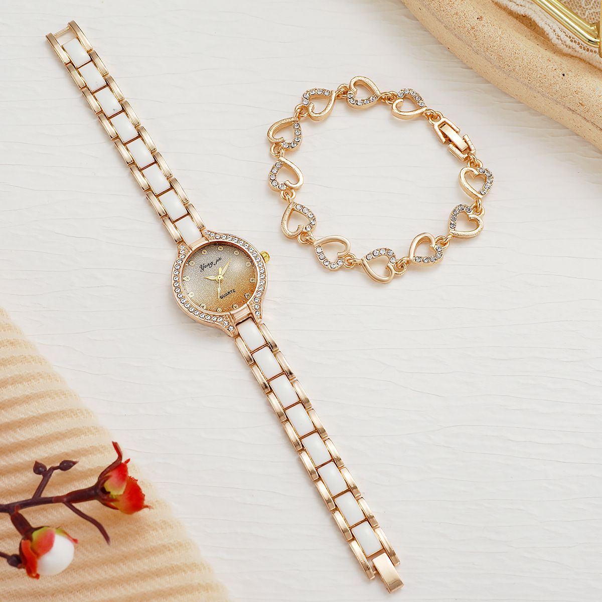 2-Piece Vintage Luxury Women’s Square Quartz Watch Set Rhinestone Dial Wristwatch with Heart Bracelet Butterfly Diamond Bracelet Elegant Fashion Jewelry Set for Gift