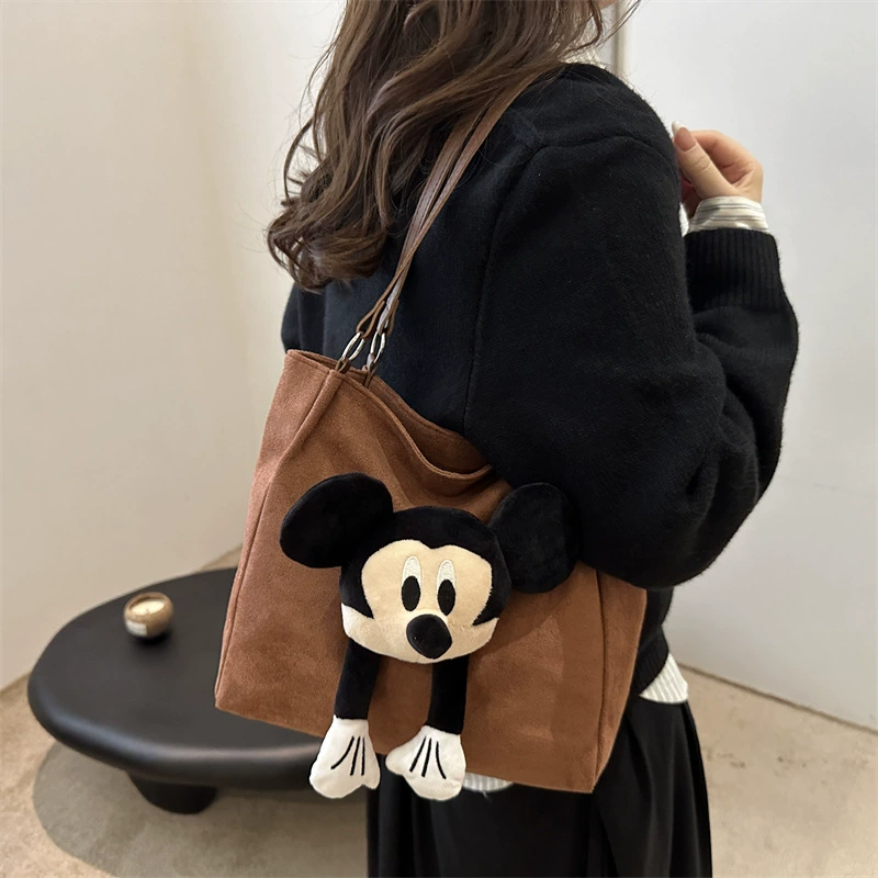 Cartoon Suede Fabric Bag for Women College Students Tote Bag Large Capacity Handbag Shoulder Bag Casual Minimalist Cartoon School Bag for Class