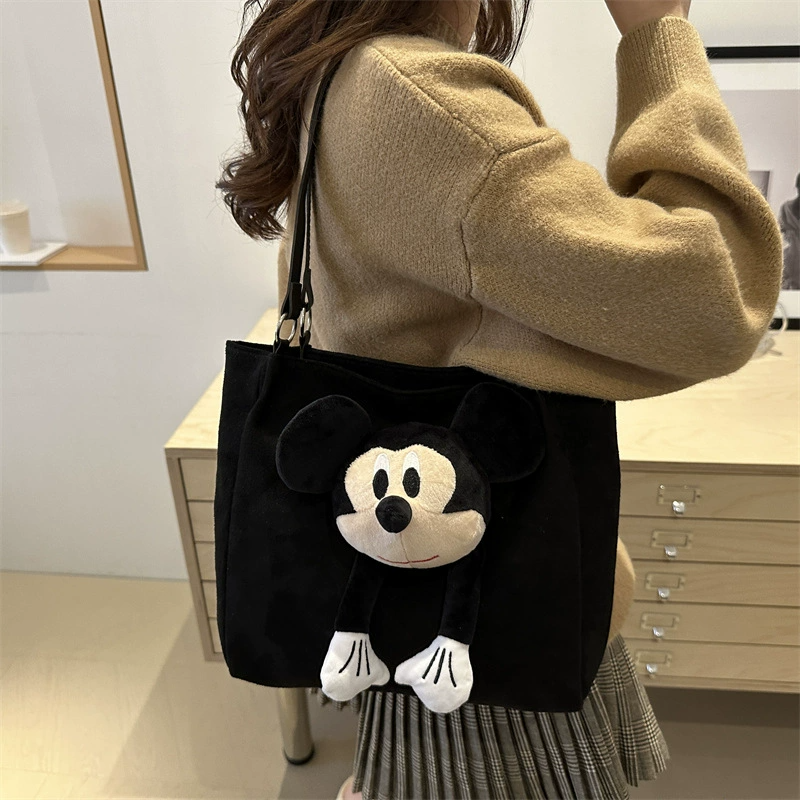 Cartoon Suede Fabric Bag for Women College Students Tote Bag Large Capacity Handbag Shoulder Bag Casual Minimalist Cartoon School Bag for Class