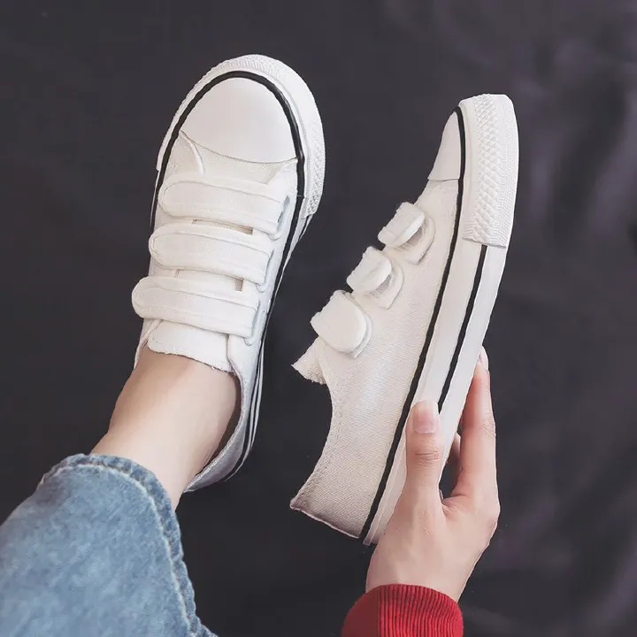 Women’s Velcro Canvas Sneakers Korean Style Casual Shoes Fashion White Canvas Shoes for Girls Students Comfortable Everyday School Shoes Lightweight Flat Walking Sneakers Canvas Shoes