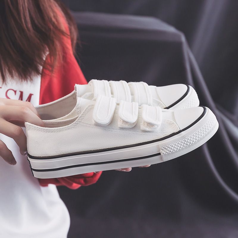 Women’s Velcro Canvas Sneakers Korean Style Casual Shoes Fashion White Canvas Shoes for Girls Students Comfortable Everyday School Shoes Lightweight Flat Walking Sneakers Canvas Shoes
