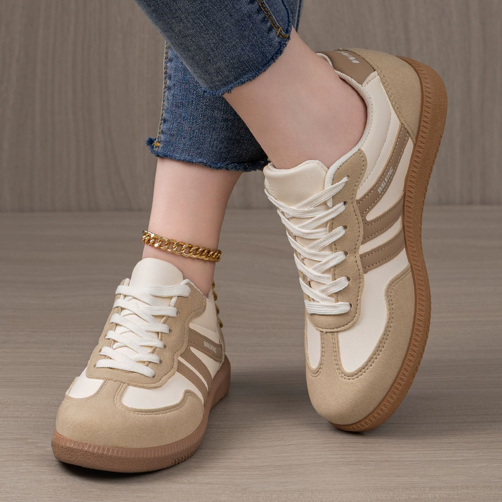 Women Retro Sneakers Lace Up Stripe Patchwork Casual Shoes Ladies Trainers Plus Size Fashion Sports Shoes