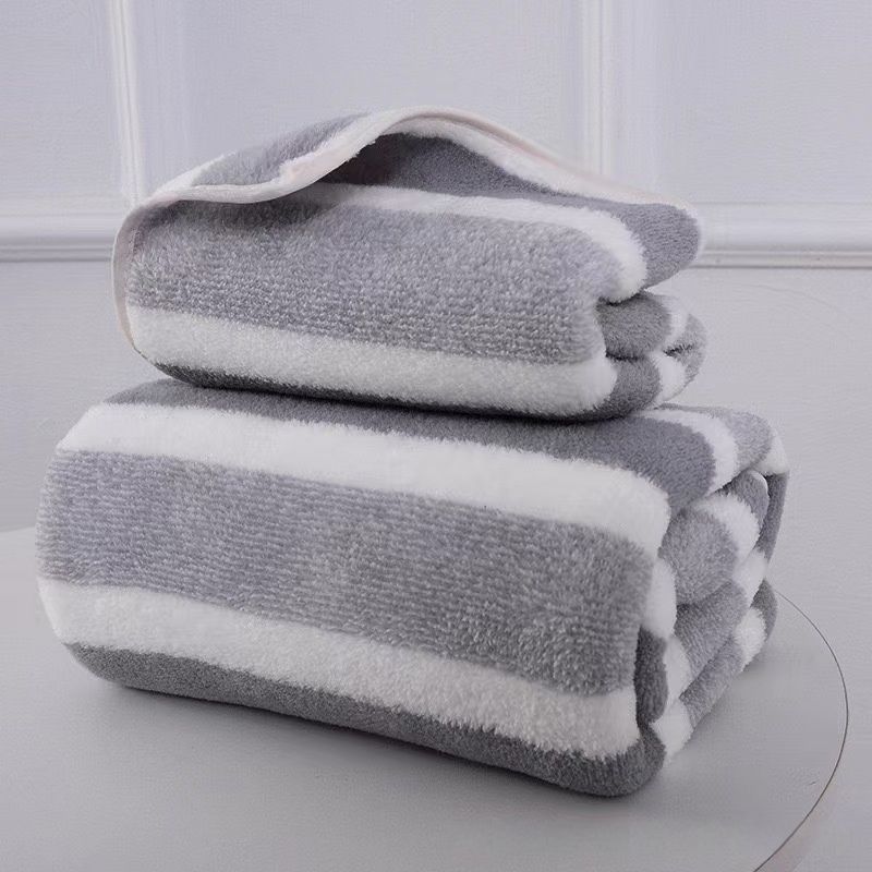 2 Pcs Soft Absorbent Coral Fleece Towel Set Two Pieces Skin Friendly Non Pilling Thickened Bath Towel Face Towel Striped Design Comfortable New Arrival