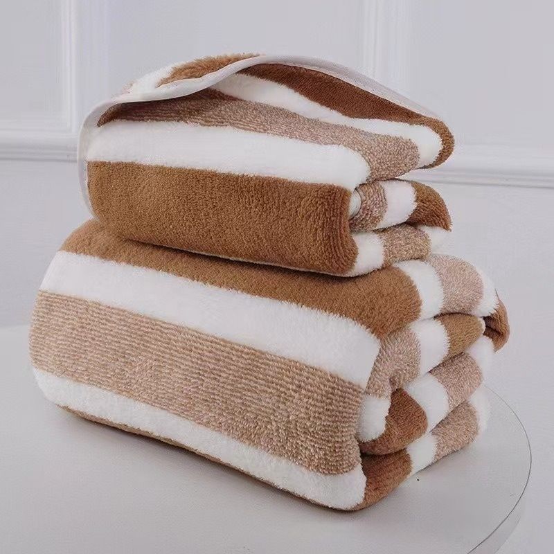 2 Pcs Soft Absorbent Coral Fleece Towel Set Two Pieces Skin Friendly Non Pilling Thickened Bath Towel Face Towel Striped Design Comfortable New Arrival