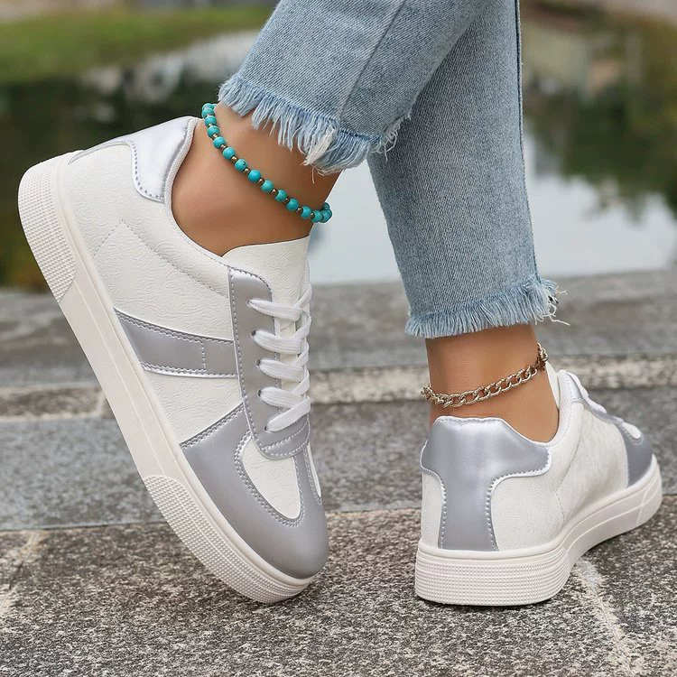 Women Fashion Sneakers Lace-Up Casual Sliver White Shoes Round Toe Color Block Skateboarding Shoes Comfortable Student Walking Shoes for Ladies Women's Shoes