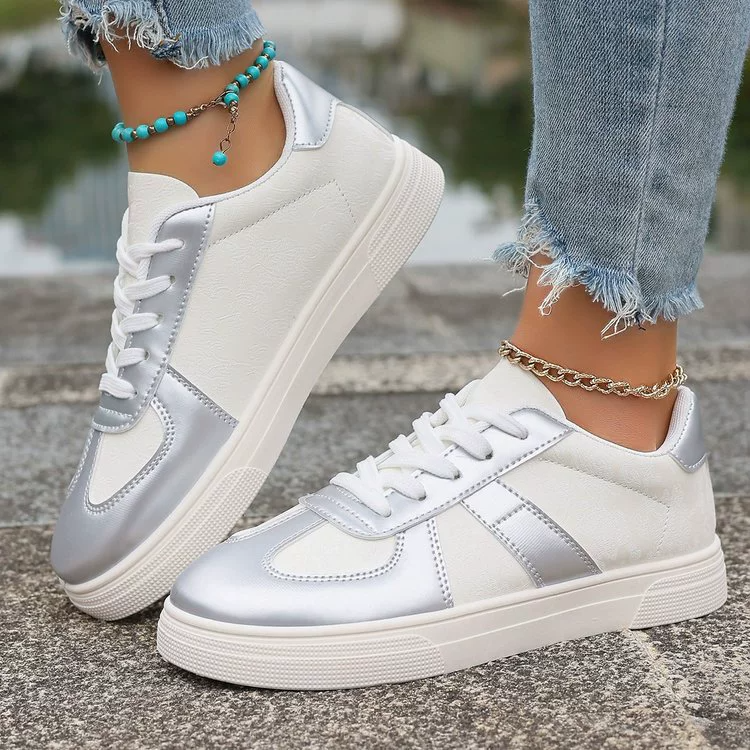 Women Fashion Sneakers Lace-Up Casual Sliver White Shoes Round Toe Color Block Skateboarding Shoes Comfortable Student Walking Shoes for Ladies Women's Shoes