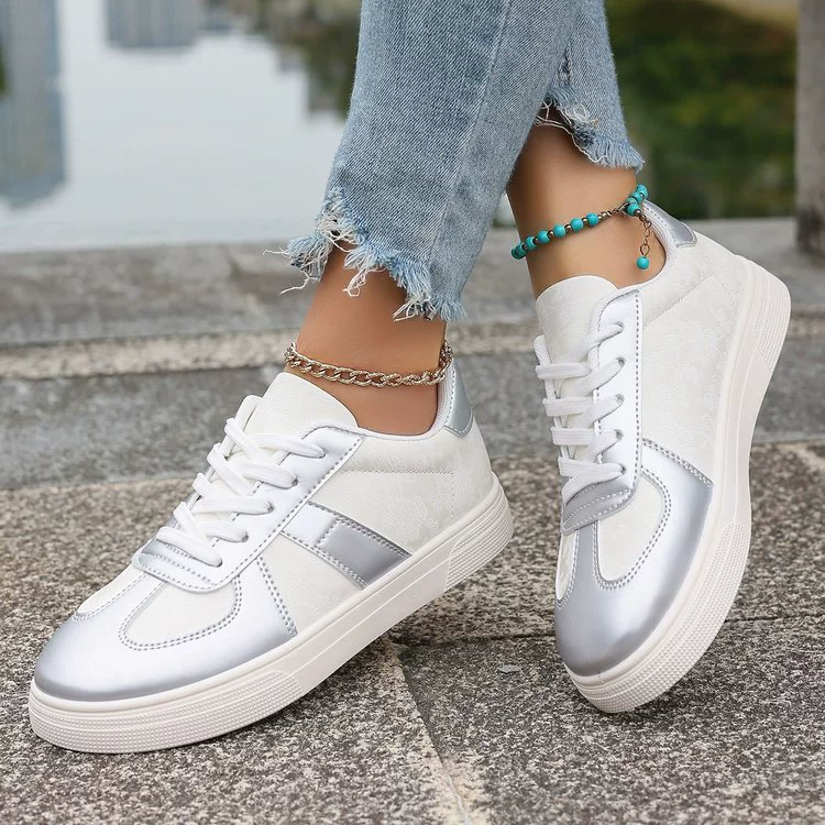 Women Fashion Sneakers Lace-Up Casual Sliver White Shoes Round Toe Color Block Skateboarding Shoes Comfortable Student Walking Shoes for Ladies Women's Shoes