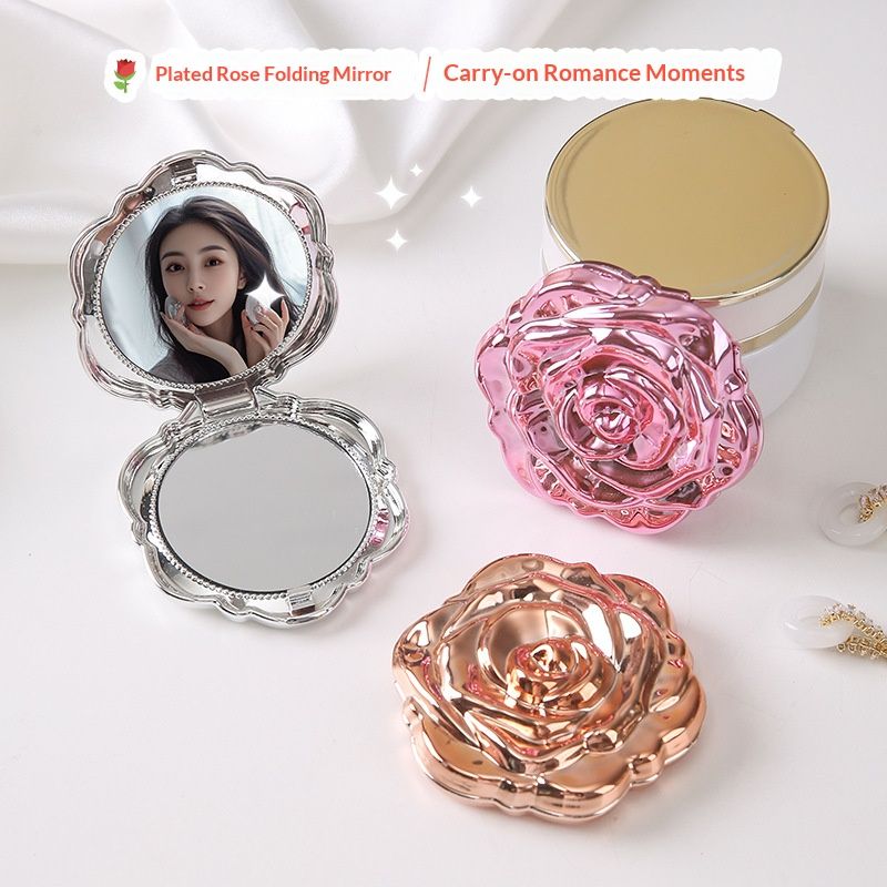 Portable Rose Folding Makeup Mirror Double Sided Mini Round Pocket Mirror HD Compact Cosmetic Mirror Travel Mirrors