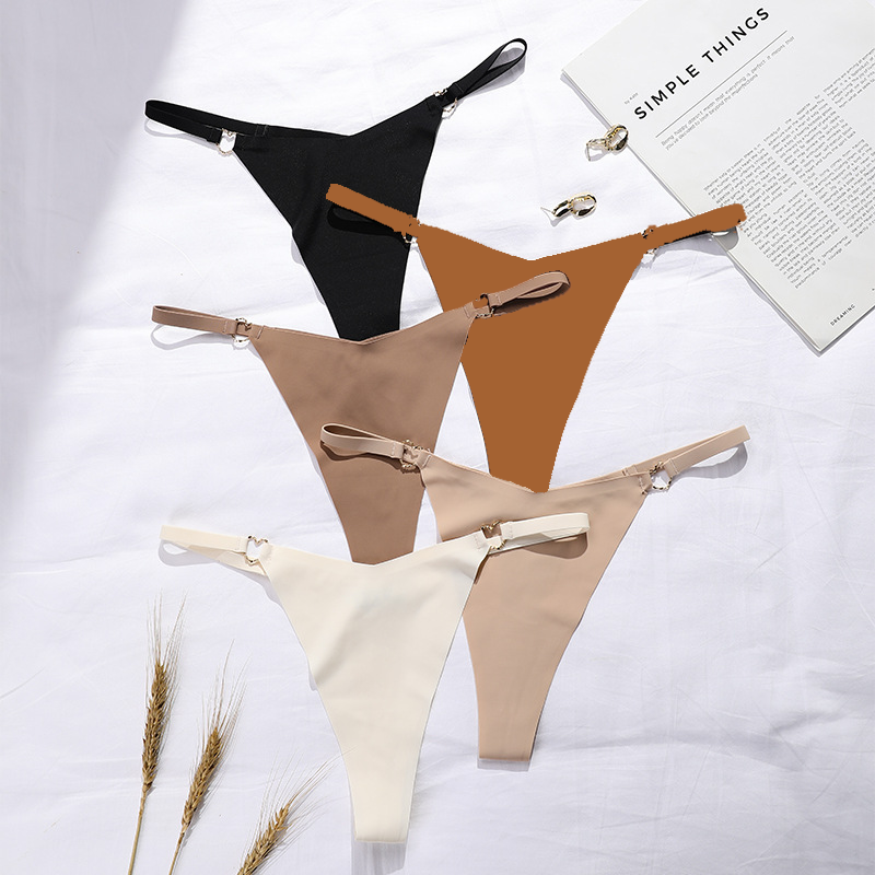 5Pcs Women’s Seamless Ice Silk Thong with Metal Ring Thin Strap T-Back Panties Sexy Breathable Quick-Dry Sports Underwear