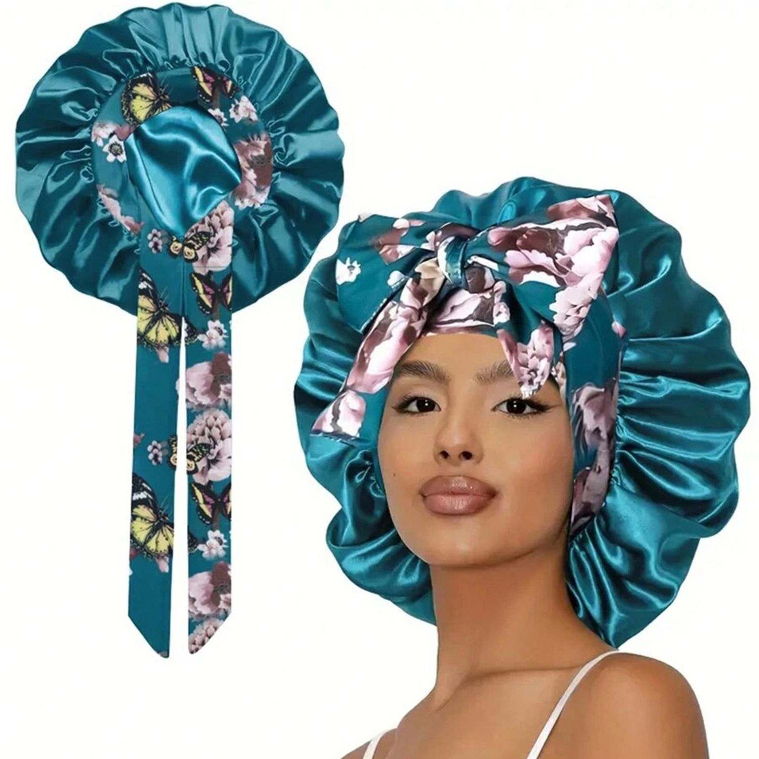 4PCS Satin Printed Sleep Bonnet Wide Band Hair Cap with Ribbon for Women Night Hair Protection Night Sleep Hat Nightcap Head Cover Gift for Women