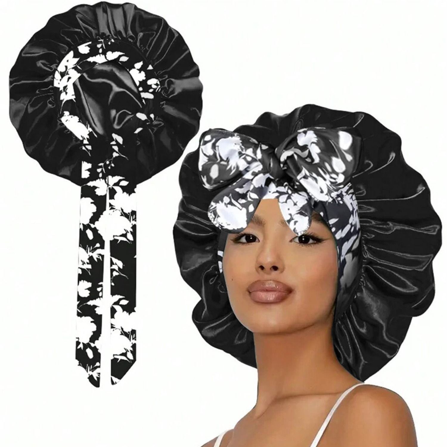 4PCS Satin Printed Sleep Bonnet Wide Band Hair Cap with Ribbon for Women Night Hair Protection Night Sleep Hat Nightcap Head Cover Gift for Women