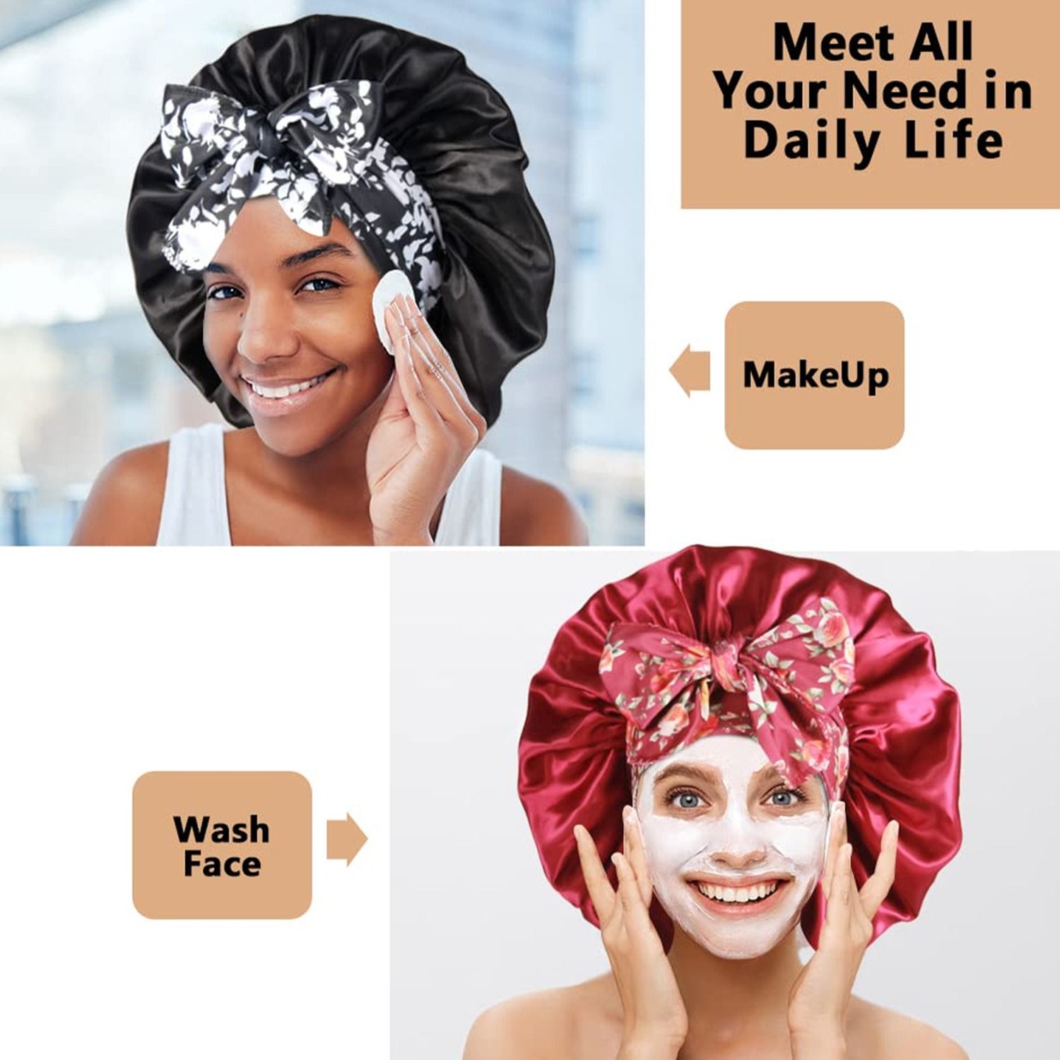 4PCS Satin Printed Sleep Bonnet Wide Band Hair Cap with Ribbon for Women Night Hair Protection Night Sleep Hat Nightcap Head Cover Gift for Women