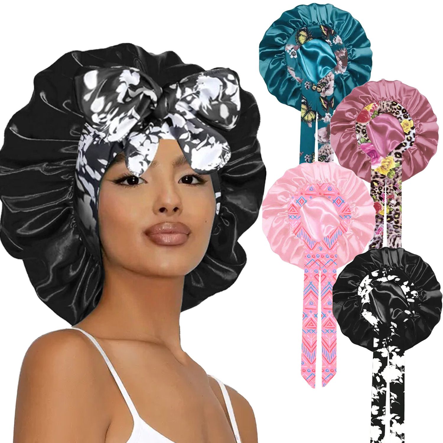 4PCS Satin Printed Sleep Bonnet Wide Band Hair Cap with Ribbon for Women Night Hair Protection Night Sleep Hat Nightcap Head Cover Gift for Women