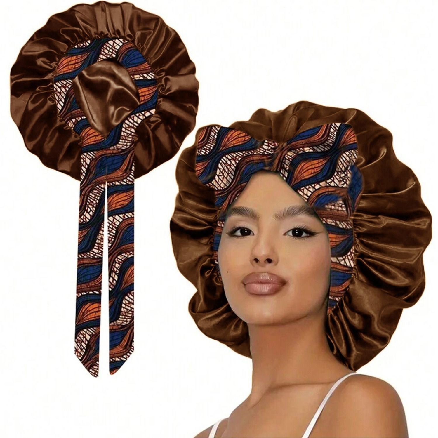 4PCS Satin Printed Sleep Bonnet Wide Band Hair Cap with Ribbon for Women Night Hair Protection Night Sleep Hat Nightcap Head Cover Gift for Women