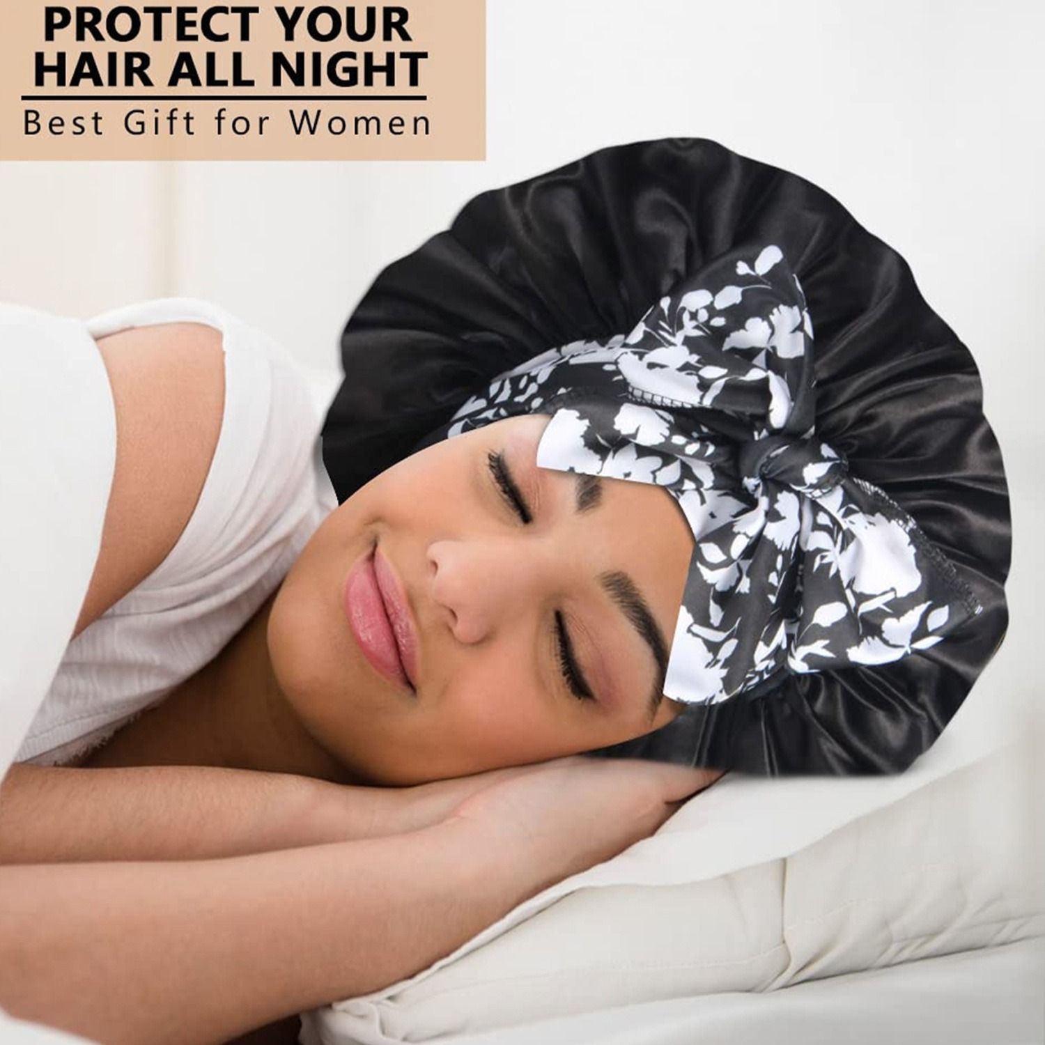 4PCS Satin Printed Sleep Bonnet Wide Band Hair Cap with Ribbon for Women Night Hair Protection Night Sleep Hat Nightcap Head Cover Gift for Women
