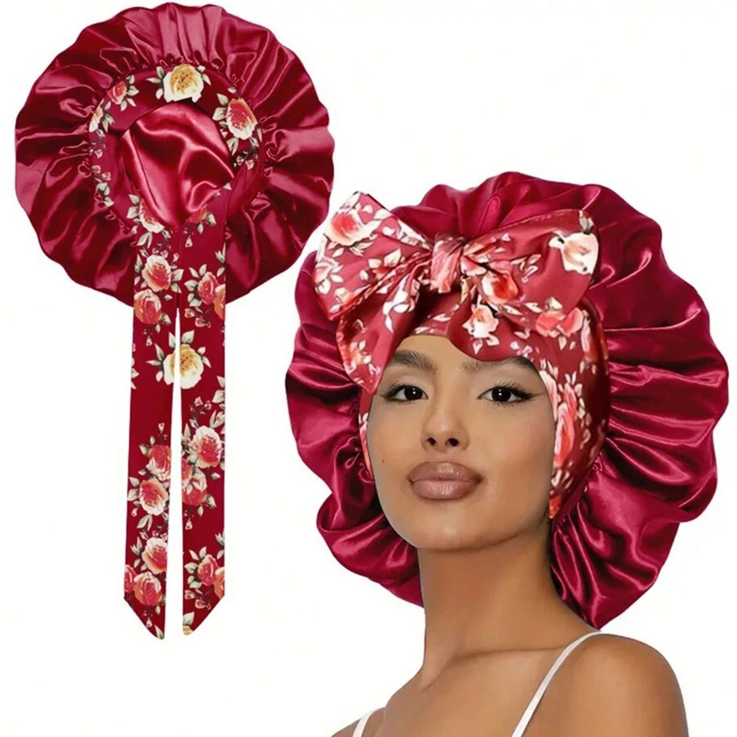 4PCS Satin Printed Sleep Bonnet Wide Band Hair Cap with Ribbon for Women Night Hair Protection Night Sleep Hat Nightcap Head Cover Gift for Women