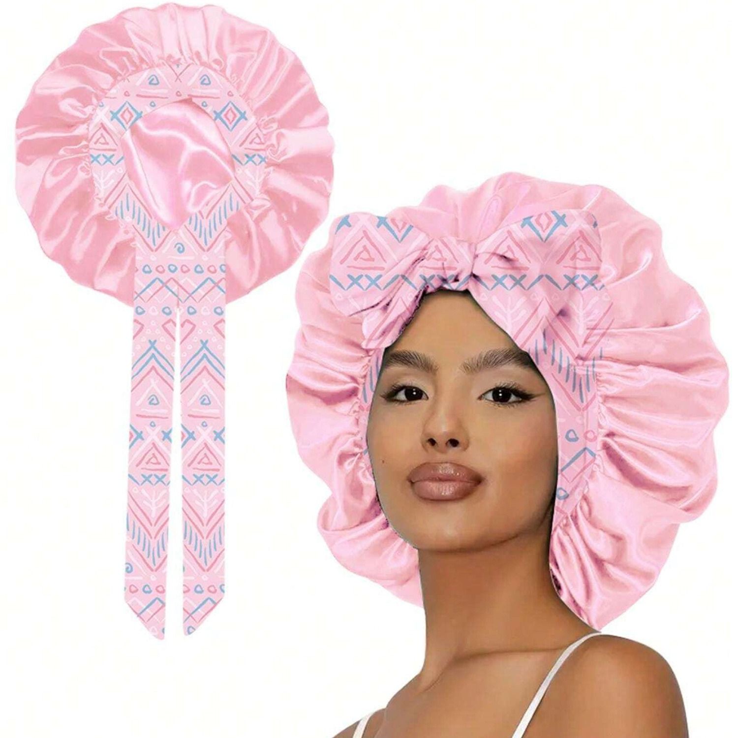 4PCS Satin Printed Sleep Bonnet Wide Band Hair Cap with Ribbon for Women Night Hair Protection Night Sleep Hat Nightcap Head Cover Gift for Women