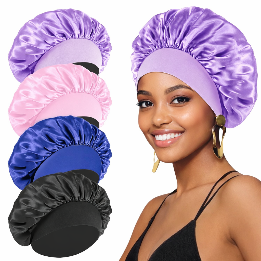 3PCS Satin Sleep Bonnet Comfortable Hair Cap with Elastic Band for Women Sleeping, Make Up, Doing Sports etc. Night Hair Protection Hat Nightcap Head Cover Best Gift for Ladies