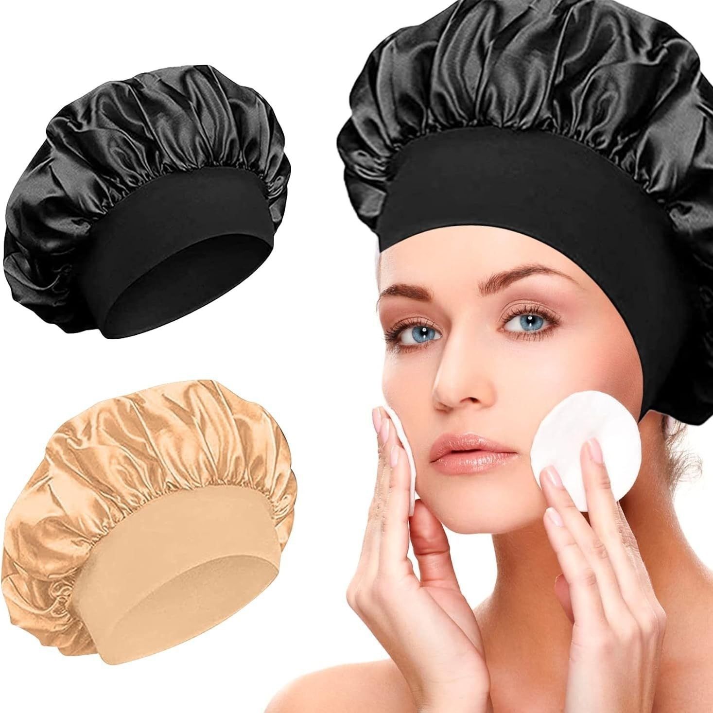 3PCS Satin Sleep Bonnet Comfortable Hair Cap with Elastic Band for Women Sleeping, Make Up, Doing Sports etc. Night Hair Protection Hat Nightcap Head Cover Best Gift for Ladies