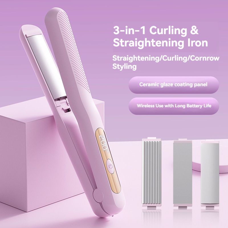 3-in-1 Cordless Hair Straightener & Curler for Traveling, Interchangeable Heads, Flat Iron for Straight & Curly Hair, Volumizing Styling Tool Hair Styling Tool Iron Hair Straightener